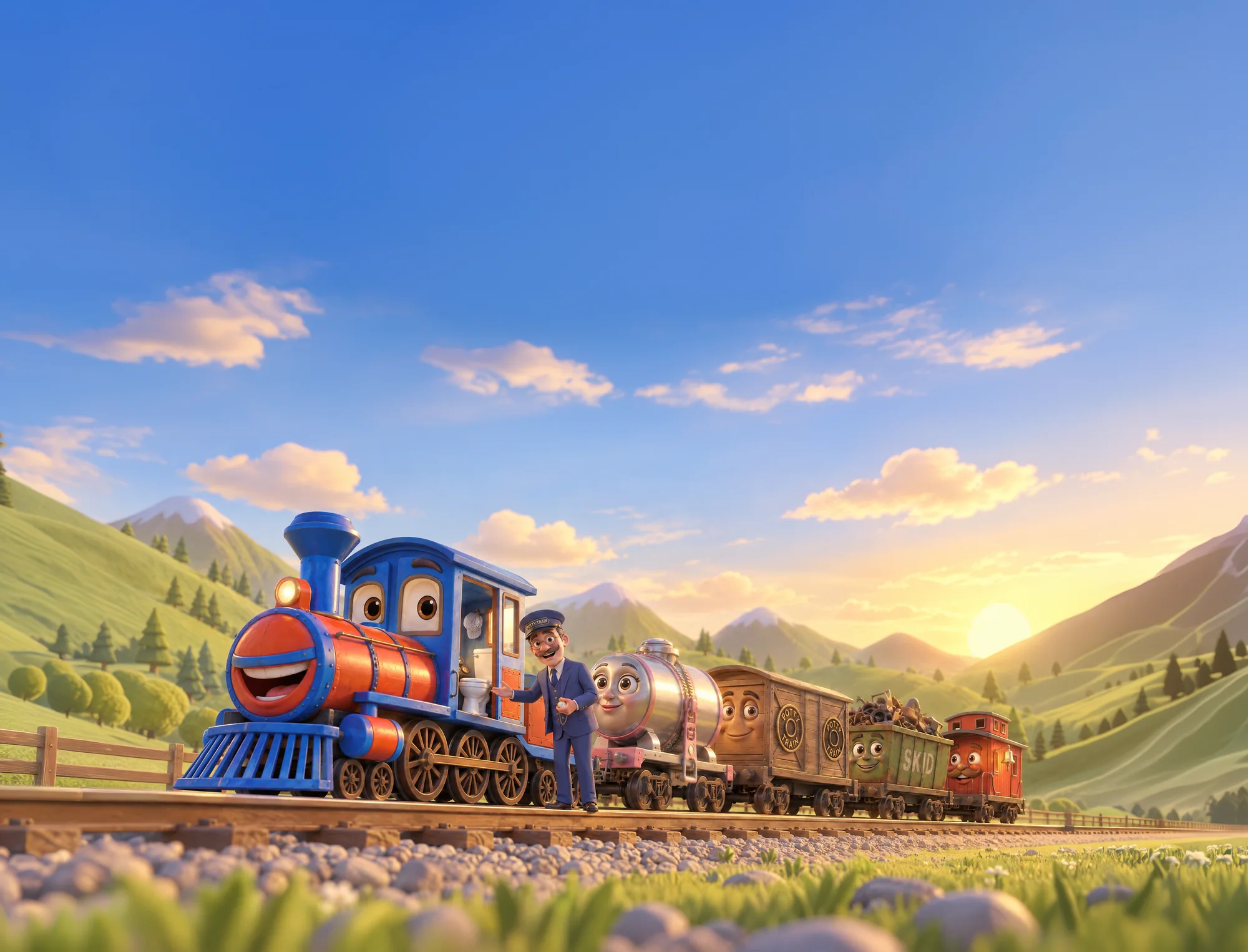 Toot the engine, Conductor Bidet, Zip, Snaps, Skid and Mr. Dingle on the tracks at sunset
